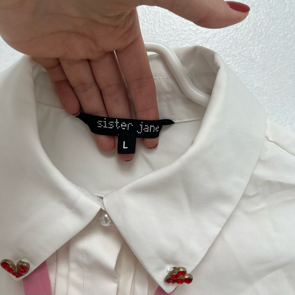 Sister Jane White Puff Sleeve Button-Up Blouse with Pink Embroidered Collar - Picture 3 of 4